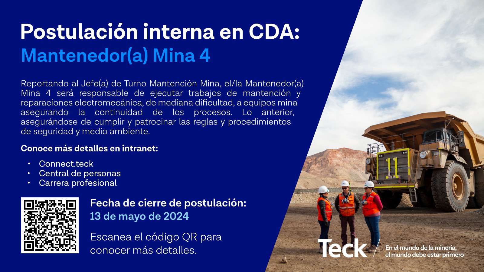 Postulación interna para Mantenedor(a) Mina 4 en Teck CDA 2024